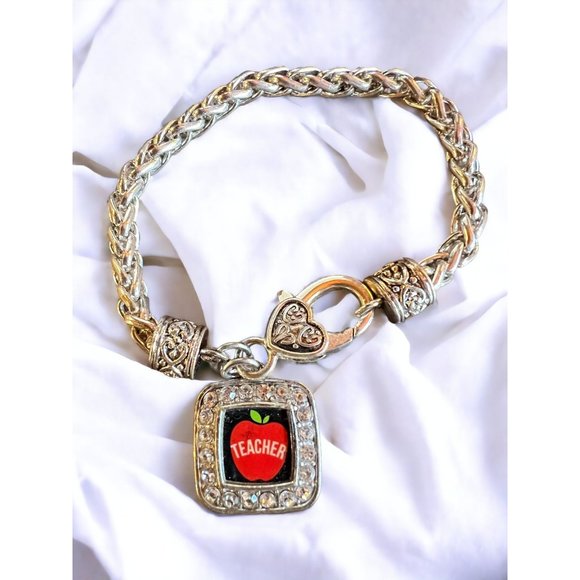Teacher Apple Square Charm Bracelet Classic Silver Plated - Picture 1 of 11
